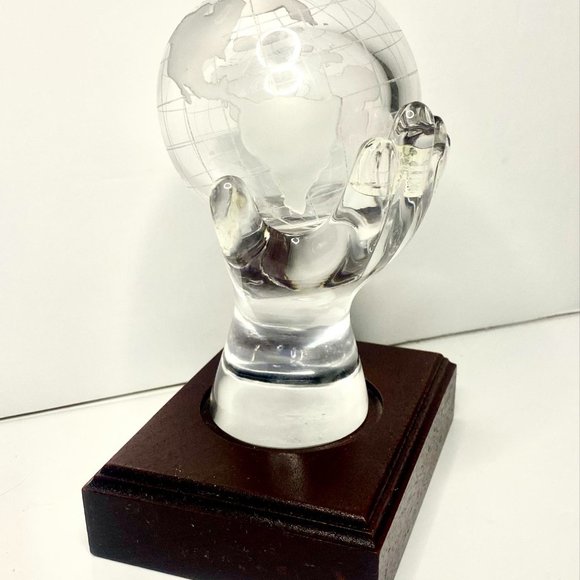 Vintage Surrealist Crystal Sculpture Hand Holding The World Globe - Picture 2 of 8
